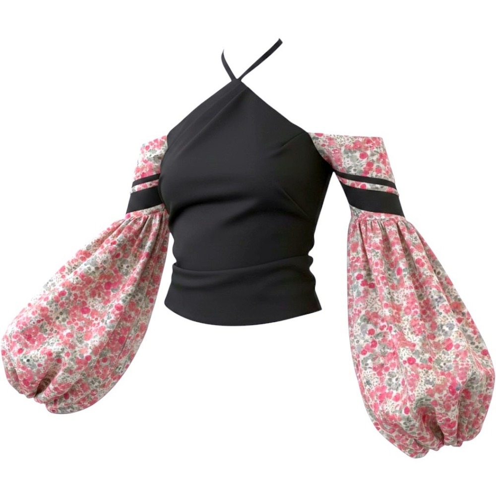 Hellessy Women Black Silk Blend Floral Balloon Sleeve Halter Off Shoulder Top 8